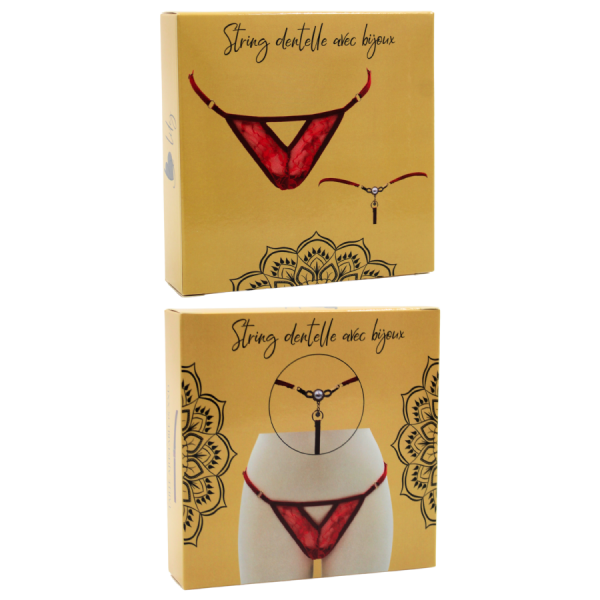 String rouge avec bijou perle & strass dorés 